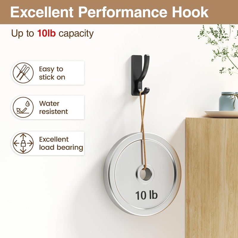 pickpiff Adhesive Wall Hooks for Towels - Sticky Hook Hanging Heavy Duty (13lb), Hanger for Door, Bathroom, Dorm, Closet - for Coats, Purse, Bag, Robe - No Damage to Wall - Black 4 Pack - Image 5